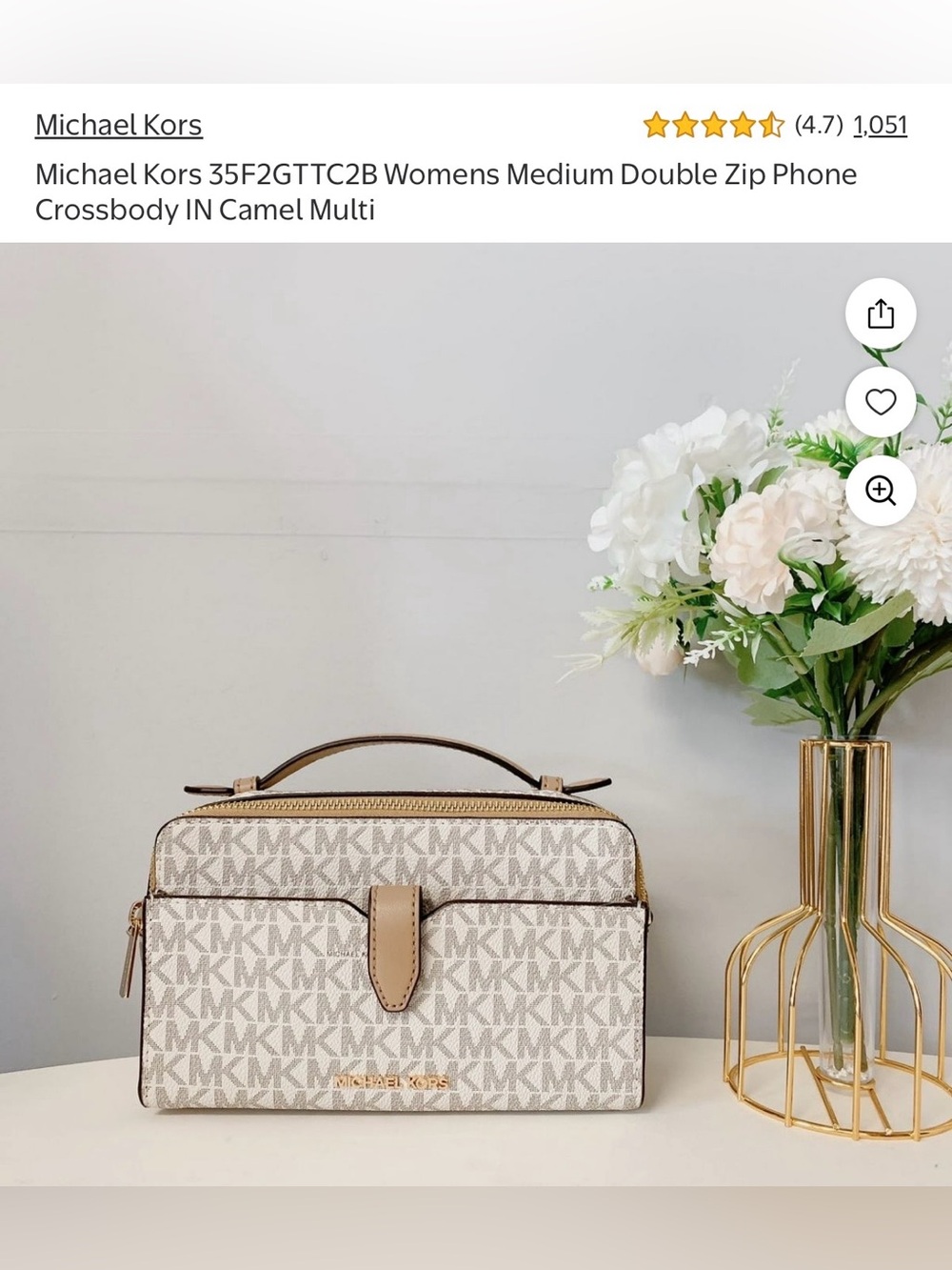 Michael Kors Women’s Medium Double Zip Phone Crossbody Beige Logo Print Leather - Picture 5 of 6